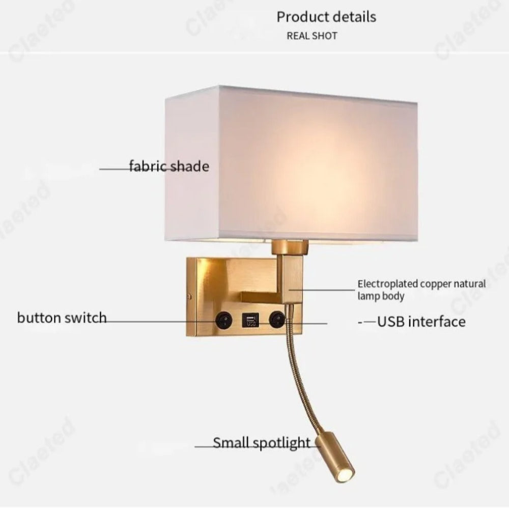 LED Hotel Wall Lights, Decorative Fabric Lights for Living Room, USB Rechargeable Charging Port Bedroom Reading Lights