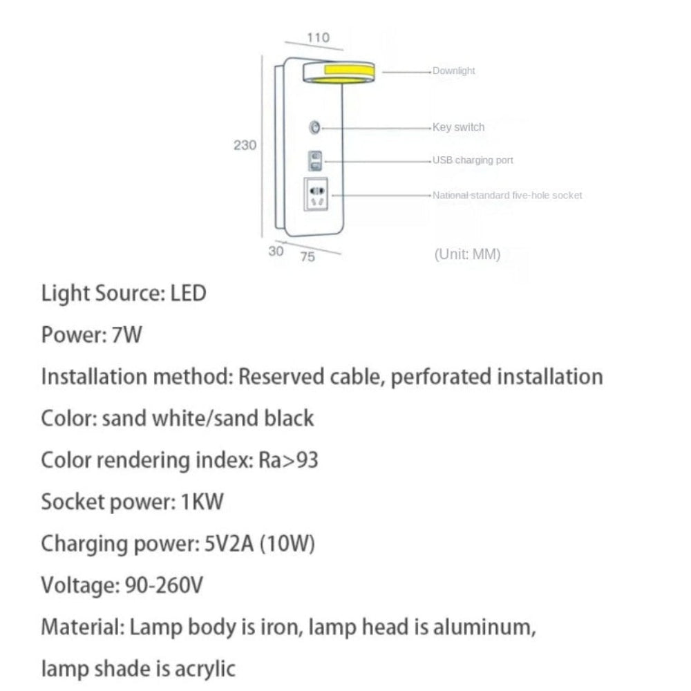 LED Multifunctional Hotel Wall Lamp, With USB Socket Bedside Reading Light