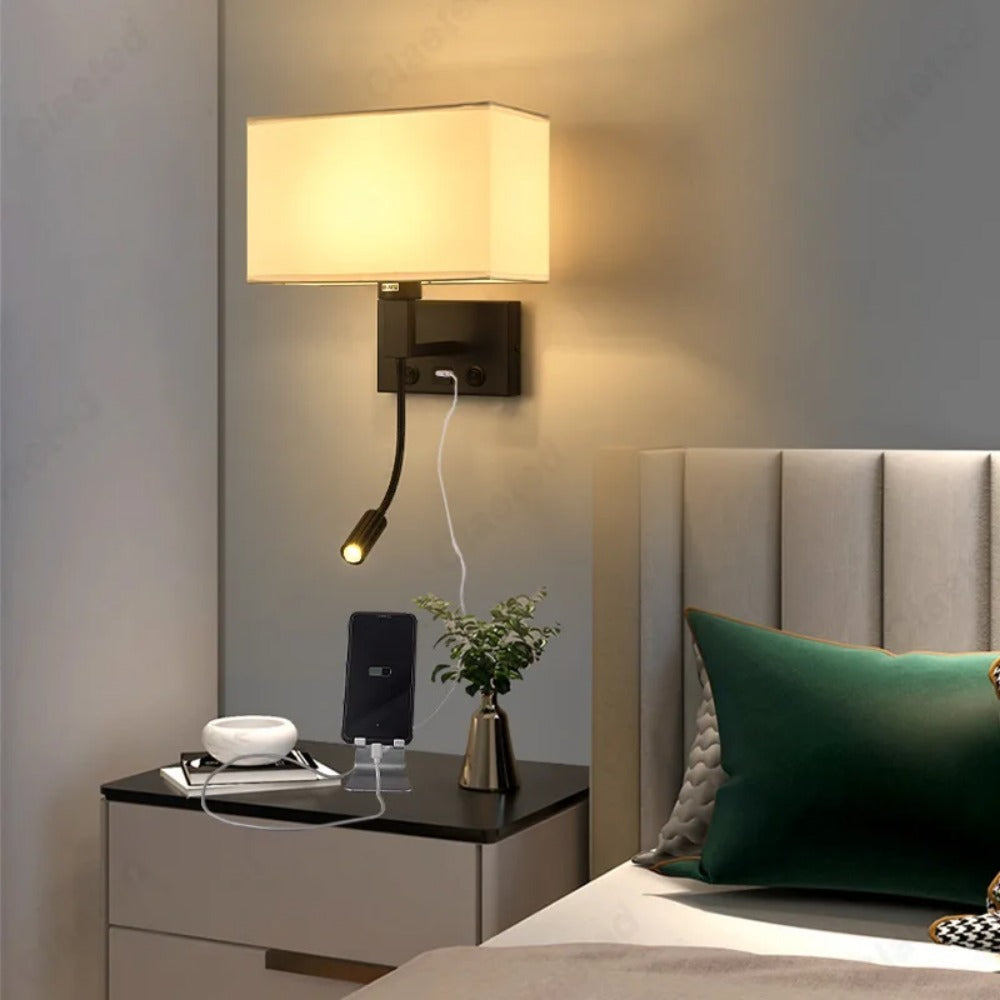 LED Hotel Wall Lights, Decorative Fabric Lights for Living Room, USB Rechargeable Charging Port Bedroom Reading Lights