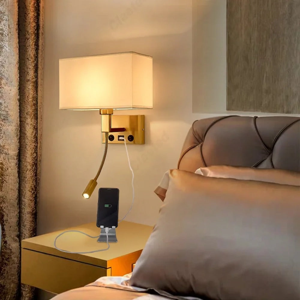 LED Hotel Wall Lights, Decorative Fabric Lights for Living Room, USB Rechargeable Charging Port Bedroom Reading Lights