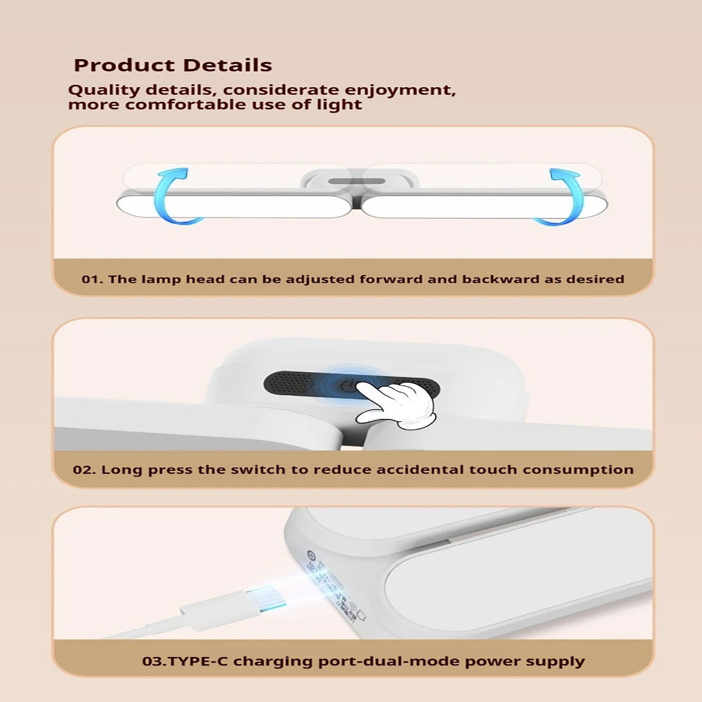 Rechargeable Magnetic Dormitory Reading Lamp, Folding Bedroom Bedside Lamps