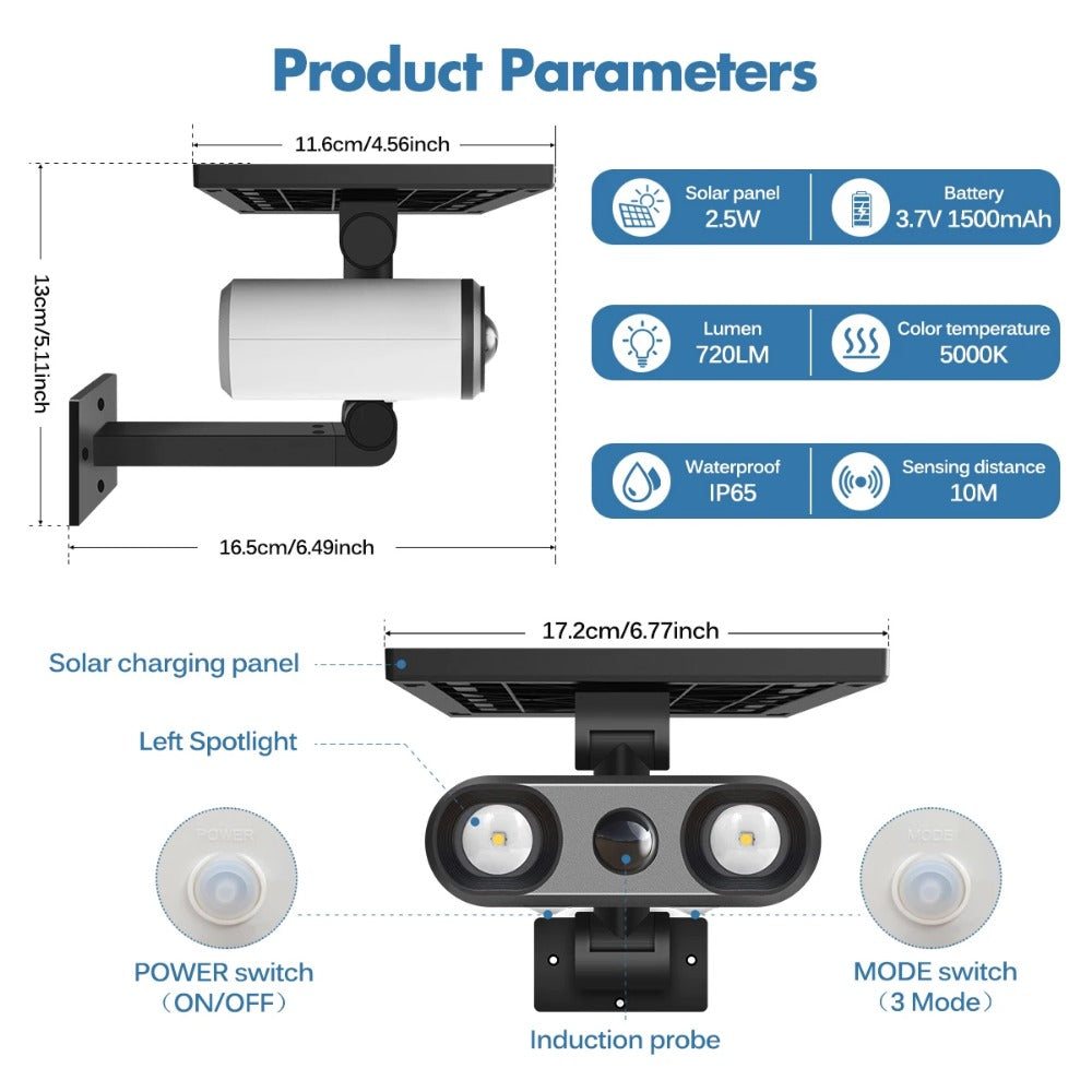 IP65 Waterproof Solar Spotlight, Outdoor LED Motion Sensor Floodlight