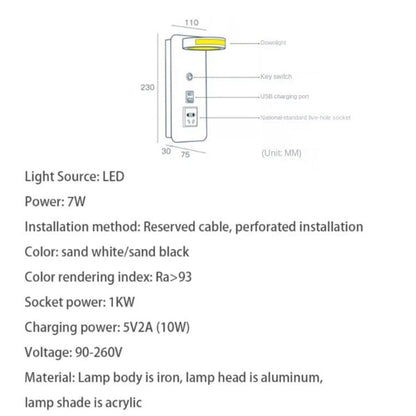 LED Multifunctional Hotel Wall Lamp, With USB Socket Bedside Reading Light