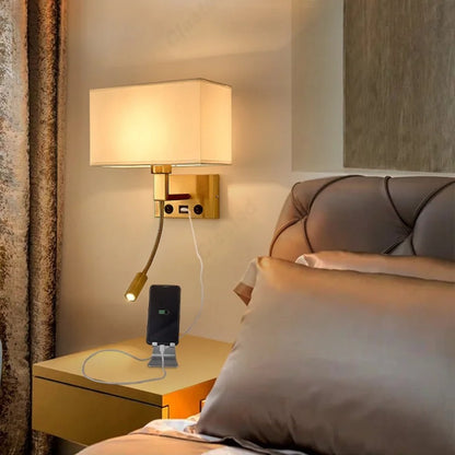 LED Hotel Wall Lights, Decorative Fabric Lights for Living Room, USB Rechargeable Charging Port Bedroom Reading Lights