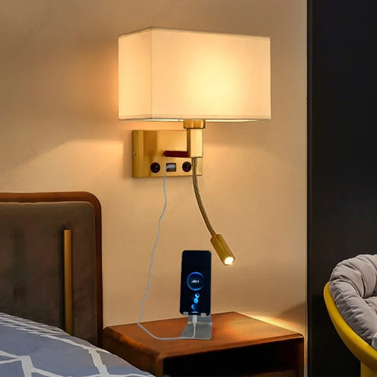 LED Hotel Wall Lights, Decorative Fabric Lights for Living Room, USB Rechargeable Charging Port Bedroom Reading Lights