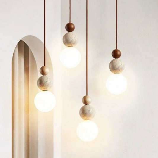 LED Stone and Wood Pendant Lamp, Decorative Lighting for Restaurants.